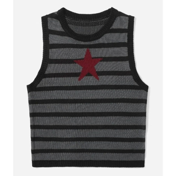None Sweaters - Striped Star Print Sweater Vest Gray Black Stripes Red Star Sleeveless S-L Avail